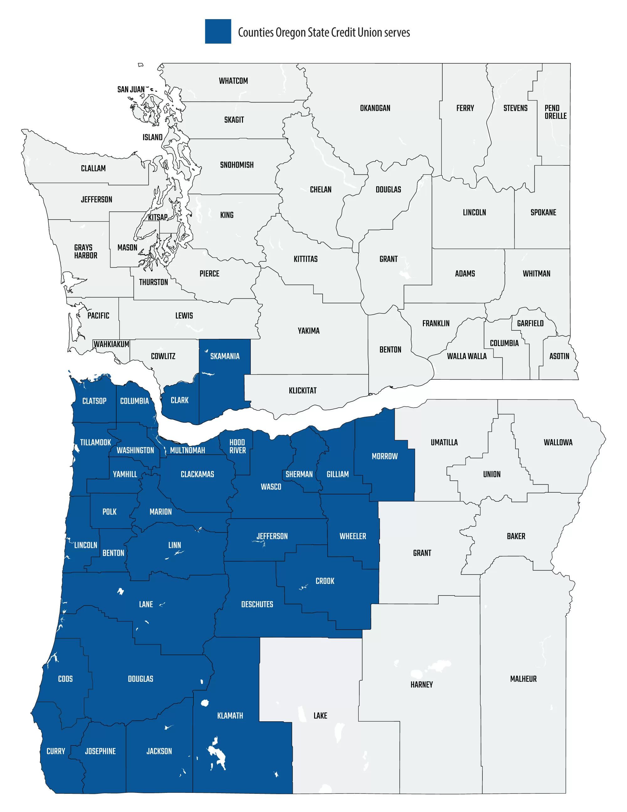 Membership eligibility map - Oregon and Washington - Oregon State Credit Union